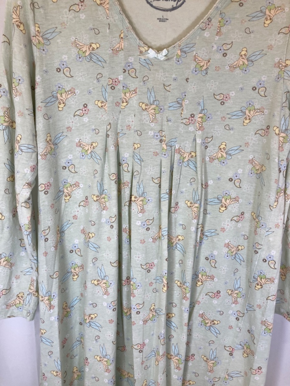 Disney Tinkerbell Pajama Gown Sz L 12/14 green Long Sleeve V Neck - Picture 3 of 13